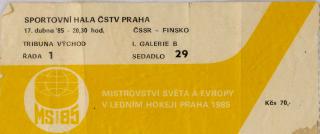 Vstupenka, MS hokej Praha,  ČSSR v. Finsko, 1985