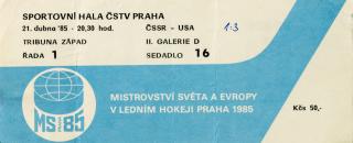 Vstupenka, MS hokej Praha,  ČSSR  v. USA, 1985