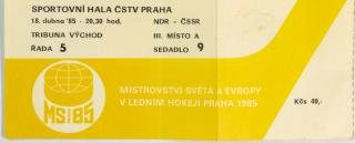 Vstupenka, MS hokej Praha,  NDR  v. ČSSR, 1985