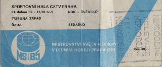Vstupenka, MS hokej Praha,  NDR  v. Švédsko, 1985