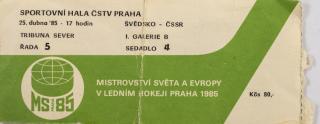 Vstupenka, MS hokej Praha, Švédsko v. ČSSR , 1985