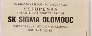 Vstupenka Sk Hradec Kr. v.  SK Sigma Olomouc, 1997
