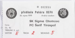 Vstupenka  SK Sigma Olomouc v. FC Šerif Tiraspol, 1999