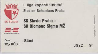 Vstupenka SK Slavia Praha v. Sigma Olomouc MŽ, 1991-92