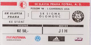 Vstupenka  SK Slavia Praha v.SK Sigma Olomouc, 1998