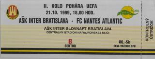 Vstupenka UEFA, AŠK Inter Bratislava v. FC Nantes Atlantic, 1999