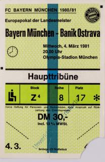 Vstupenka UEFA , Bayern Munchen v. Banik Ostrava, 1981