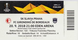 Vstupenka UEFA CHL, SK Slavia Praha v. FC Girondins de Boredeaux, 2018