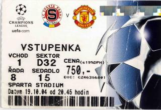 Vstupenka UEFA CHL, Sparta Praha v. Manchester United, 2004