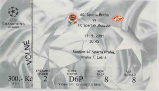 Vstupenka UEFA CHL, Sparta Praha v. Spartak Moscow, 2001 (2)