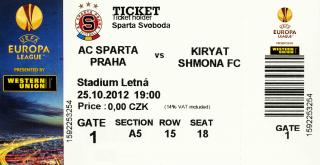 Vstupenka UEFA EL, Sparta Praha v. Kiryat, 2012