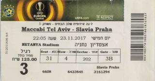 Vstupenka UEFA, Maccabi Tel Aviv v. Slavia Praha, 2017