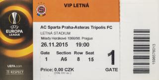 Vstupenka UEFA , Sparta Praha v. Asteras Tripolis FC, 2015