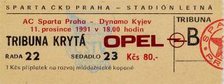 Vstupenka UEFA , Sparta Praha v. Dynamo Kyjev, 1991