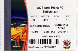 Vstupenka UEFA , Sparta Praha v. FC Kobenhavn, 2009