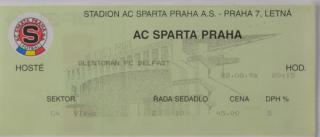 Vstupenka UEFA  , Sparta Praha v. Glentoran FC Belfast, 1996