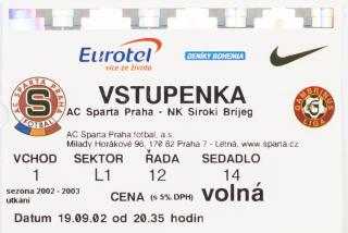 Vstupenka UEFA , Sparta Praha v.NK Siroki Brijeg, 2002