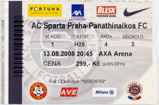 Vstupenka UEFA , Sparta Praha v. Panathinaikos FC, 2008 II