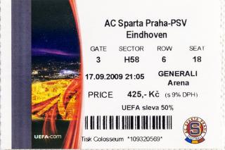 Vstupenka UEFA , Sparta Praha v. PSV Eindhoven, 2009