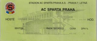 Vstupenka UEFA , Sparta Praha v. Uherské Hradiště, 1996