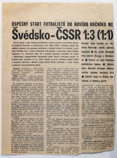 Výstřižek z novin SPORT - Švédsko ČSSR , 1:3, 1978