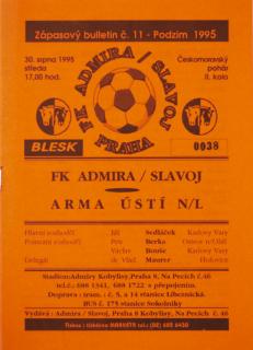 Zápasový bulletin, FK Admira Slavoj v. Arma Ústí n.Labem, 1995