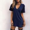 Podzimni mini volné šaty s výstřihem tmavě modré Velikost: XXL