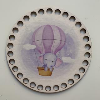Dřevěné dno 15 cm ke košíku kruh s potiskem Potisk: Slon v balónu