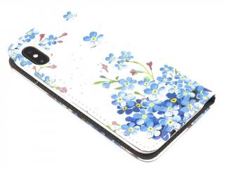 TPU kožený obal zavírací kniha na iPhone X,XS s motivem květin - Modrý