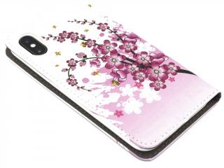 TPU kožený obal zavírací kniha na iPhone X,XS s motivem květin - Růžový