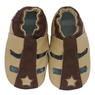 Kožené capáčky s koženou podrážkou dvoubarevné hnědé sandálky CAROZOO Velikost capáčků: 0-6 měsíců