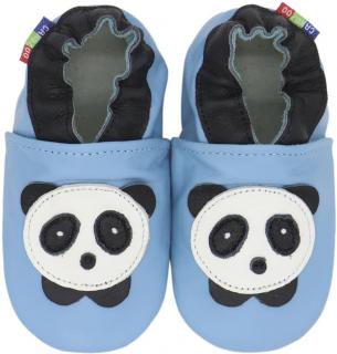 Kožené capáčky s koženou podrážkou panda na modré CAROZOO Velikost capáčků: 2-3 roky