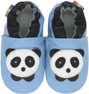 Kožené capáčky s koženou podrážkou panda na modré CAROZOO Velikost capáčků: 3-4 roky
