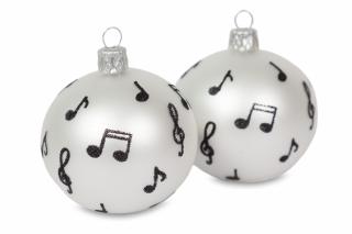 Vánoční skleněné ozdoby s notami, sada 2 ks, bílá perleť