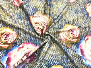 Umělé hedvábí / Silky barevné pastelové růže na žlutomodré mozaice
