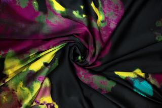 Umělé hedvábí / Silky fialovo žlutá abstrakce na černé