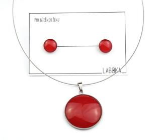 Set červený - náušnice + náhrdelník přívěšek 25 mm + 12 mm náušnice