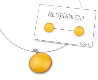 Tmavě žlutý set - náušnice pecky + náhrdelník přívěšek 25 mm + 12 mm náušnice