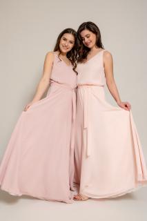 Dlouhé šifonové šaty s rukávy Pudrová růžová /86804/, 44 a větší