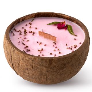 Tropikalia Přírodní sójová svíčka v kokosu v dárkové krabičce Plum, Rose & Patchouli 350ml