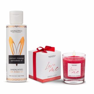 MAGNETIFICO masážní olej Sandalwood 100ml+MAGNETIFICO Love me vonná svíčka Sandalwood 125g