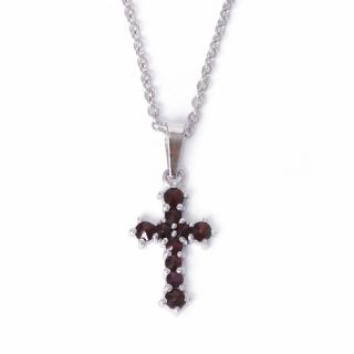 Křížek M - přívěsek granátový šperk - rhodiované stříbro 925/1000