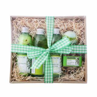 BOTANICO Dárková sada KONOPÍ Koupelová sůl 200 g, šampon/balzám 200 ml, sprchový gel 200 ml, balistik do koupele 50 g, glycerínové mýdlo 200 g 5 ks
