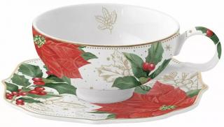 Easy Life Porcelánový šálek a podšálek Poinsettia & Berries na čaj v dárkové krabičce 250 ml