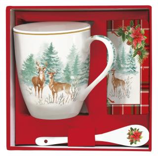 Easy Life Vánoční čajová sada Winter Forest porcelánový hrnek 350 ml, porcelánová lžička, podtácek3 ks