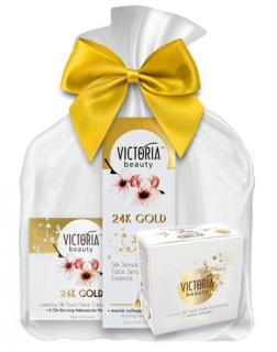 Victoria beauty 24K Gold Silk Dárkový balíček Denní/noční krém 50 ml + pleťové sérum 20 ml+ zlatá pleťová maska + dárková taštička