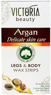 Victoria Beauty ARGAN Depilační pásky na tělo s arganovým olejem, 20 ks + 2 čisticí ubrousky zdarma, 22 ks