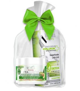 Victoria Beauty Hyaluron Denní a noční krém s avokádem+pleťové sérum Superfood s kyselinou hyaluronovou + organzová taštička zdarma, 2 ks