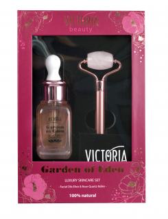 Victoria beauty Luxusní omlazovací set Garden of Eden Rose Quartz Roller Masážní váleček na obličej + protivráskové sérum 30 ml 2 ks