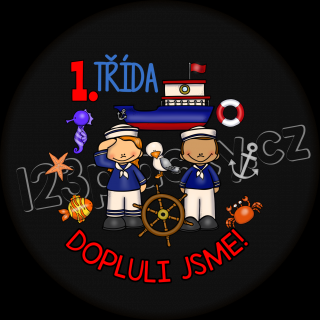 Placka NÁMOŘNÍCI: DOPLULI JSME 2023 - 2024 Obsah placky: Bez školního roku, Typ placky: Placka špendlík 56 mm, Varianta placky: Mise: 6. třída